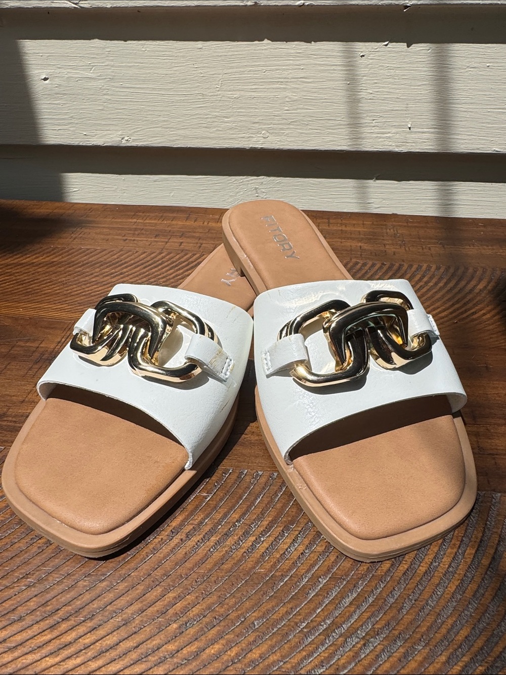 Fitory White Slide Sandals with Gold Chain Accent - Women